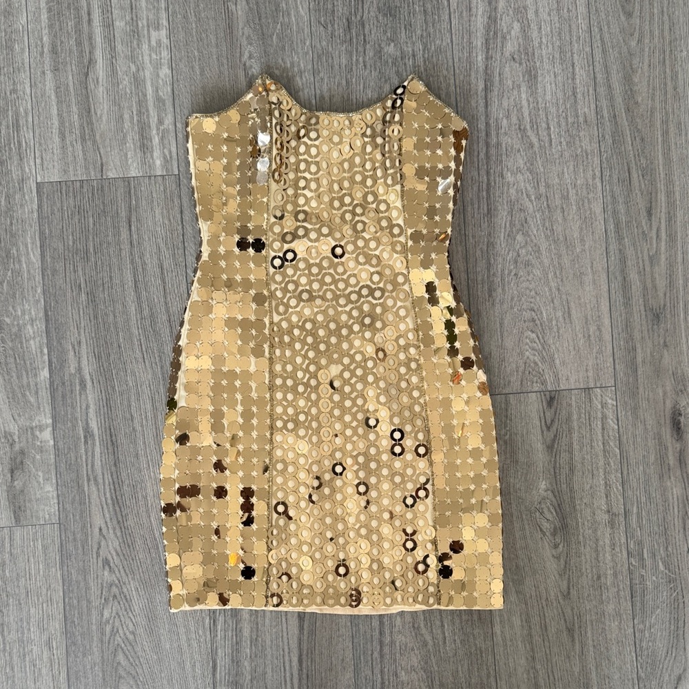 Gold Sequin embellished strapless mini Dress (size small)